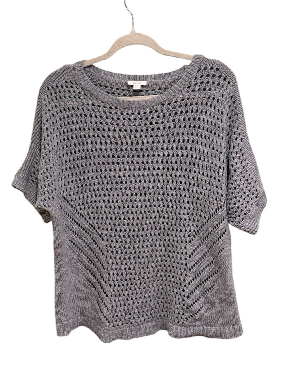Pure Jill Open-Knit Grey Short Sleeve Sweater Top - Size Small (oversized)